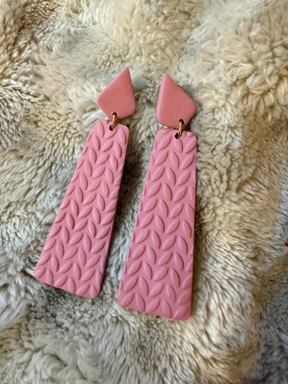 Dusty Pink Polymer Clay Dangle Earrings Textured Leaf Geometric Drop Earrings